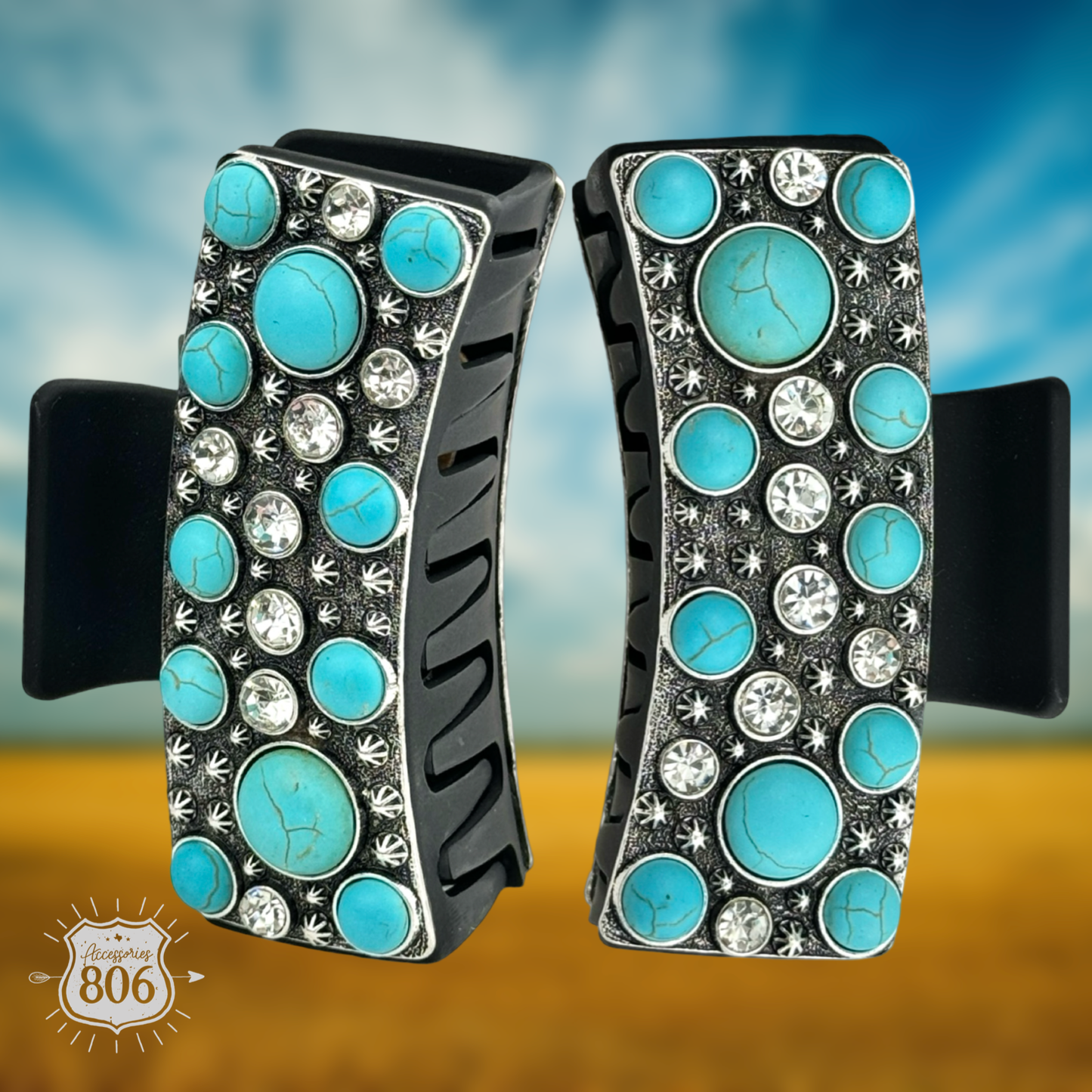 Hair Claw Clip- Western Round Turquoise Stone & Rhinestone