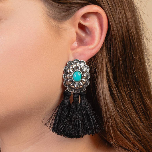 Squash Blossom Tassel Earrings - Turquoise Stone Accent