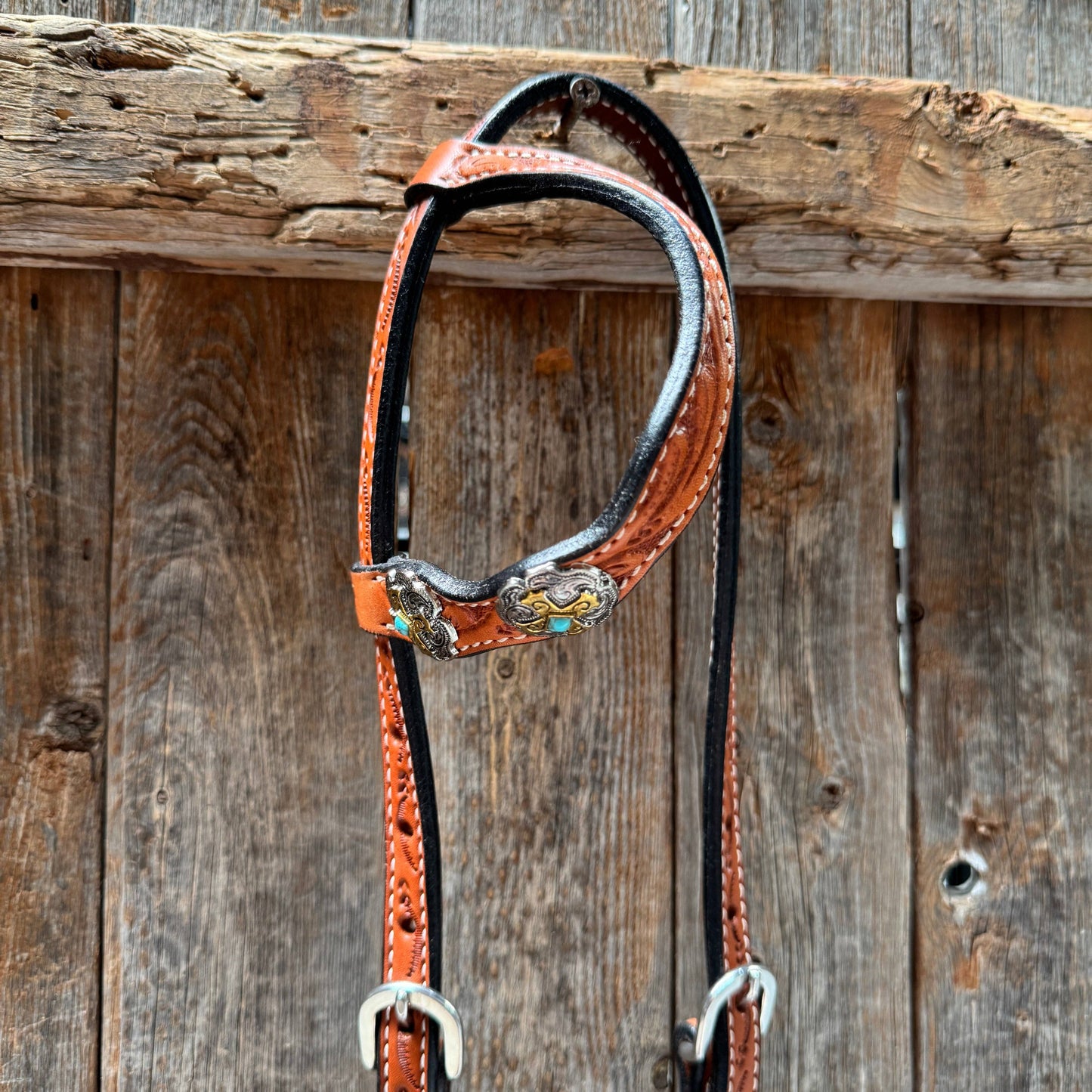 Rodeo Drive - Light Oil Floral Gold Cross, Turquoise Browband/One Ear Breastcollar Tack Set #BBBC676