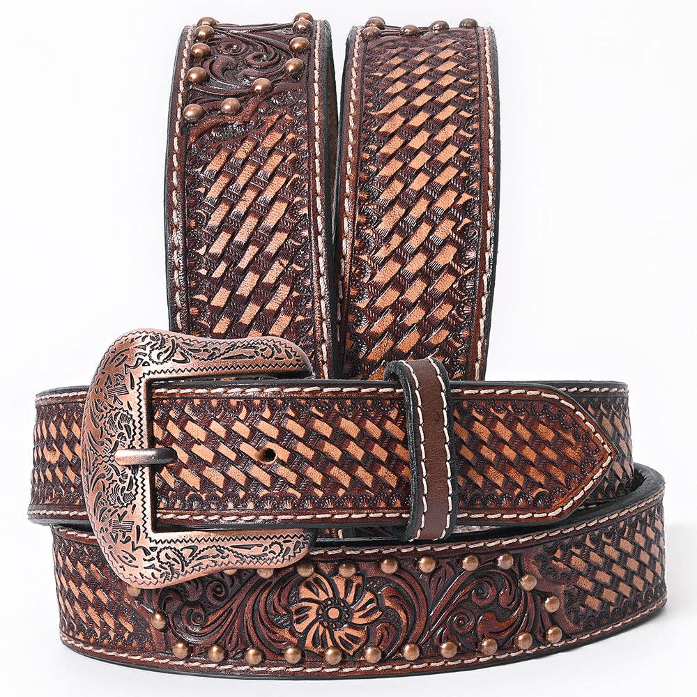 BER230-Hand Tooled Western Leather  Belt