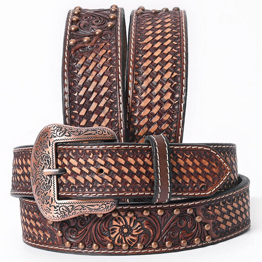 BER230-Hand Tooled Western Leather  Belt