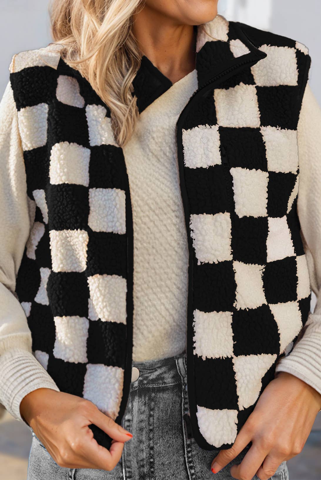 Checkered Collared Sherpa  Jacket Vest