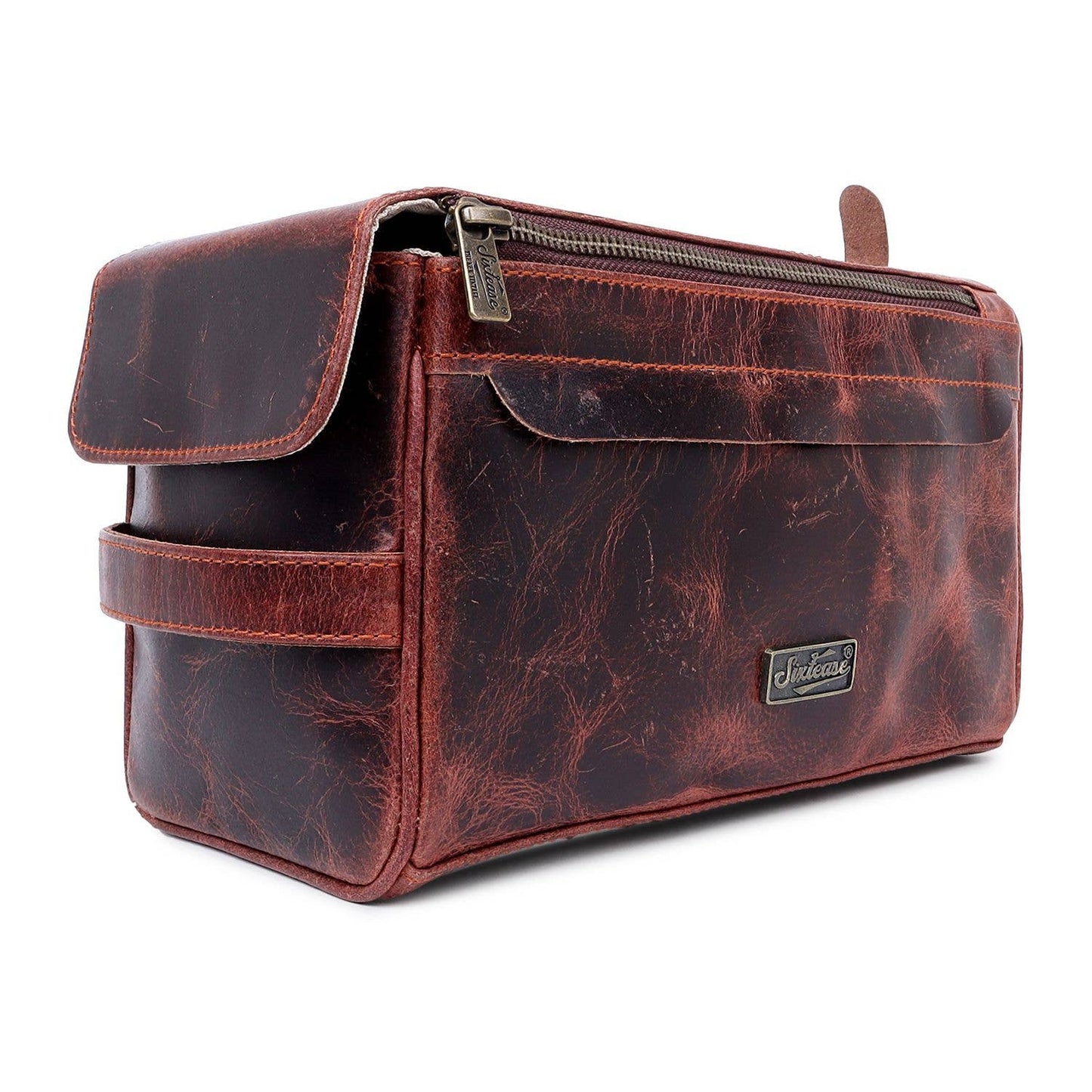 Sixtease Bags - Rustic Leather Unisex Cosmetic Bag - Cherry