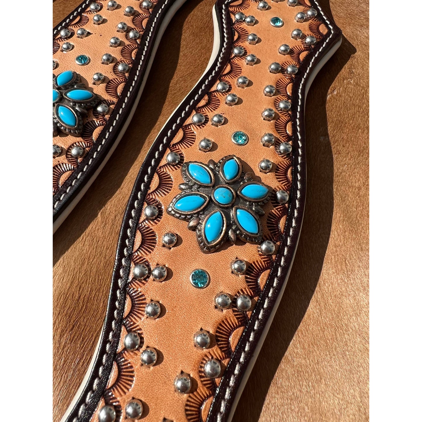 Western Tooled Leather Turquoise Concho Scalloped Dog Collar