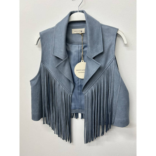 SIJ5242A DENIM BLUE CONTRAST SUEDE FRINGE COLLARED VEST