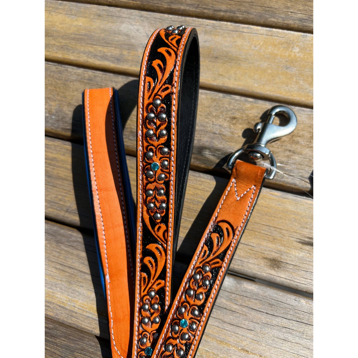 Western Tooled Leather Fancy Dog Leash Blue Padded Handle