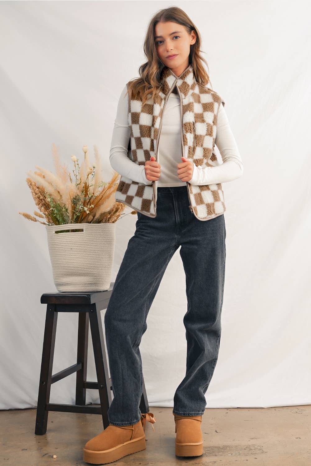 Checkered Collared Sherpa  Jacket Vest