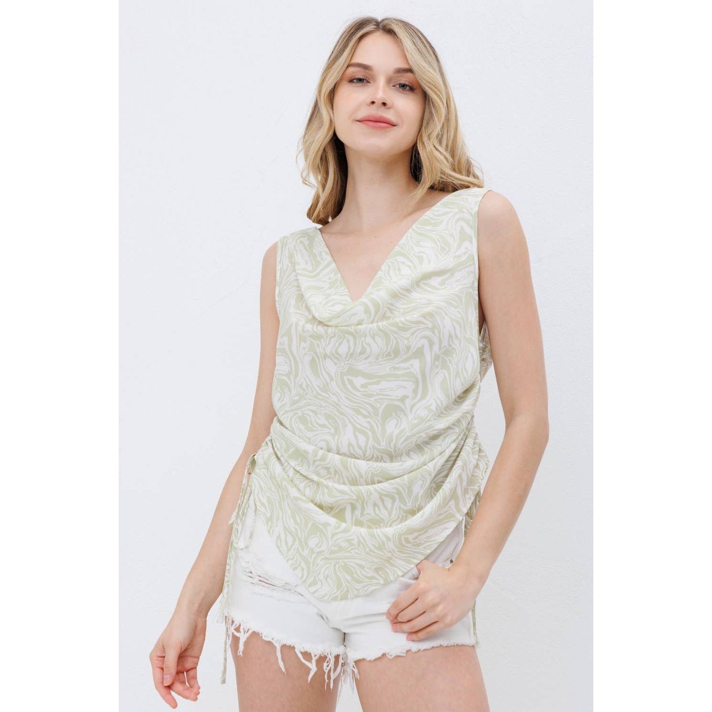 31666T - Koshibo Marble Print Cowl Neck Cinched Side Blouse
