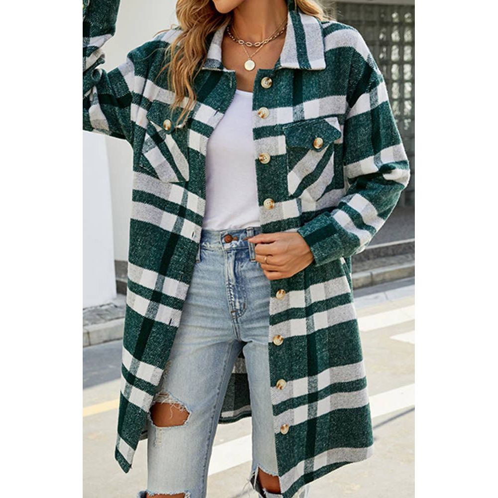 Long Plaid Coat Striped Button Up Side Poacketed Jacket