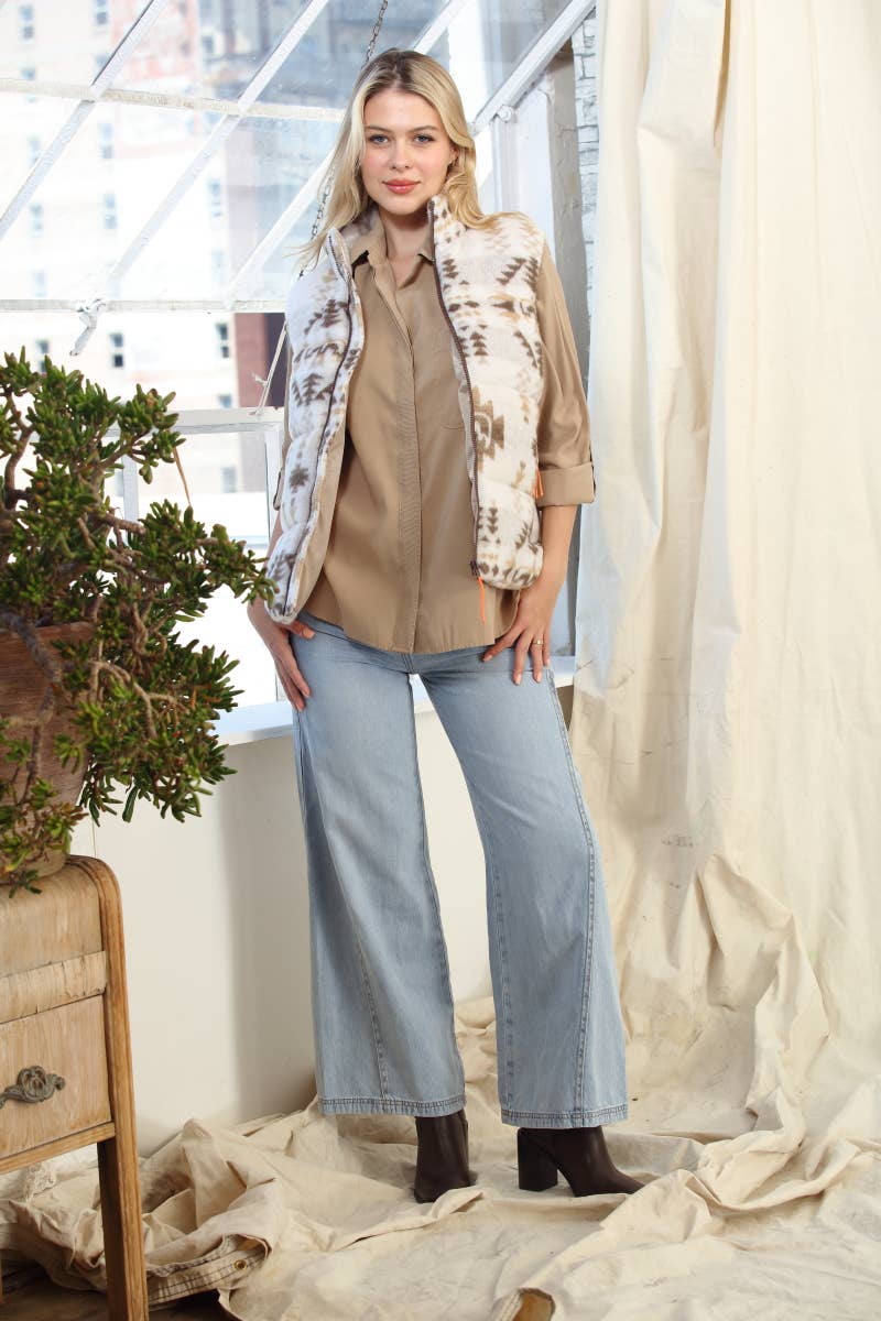 Aztec Printed Wool Like Jacquard Puffer Vest