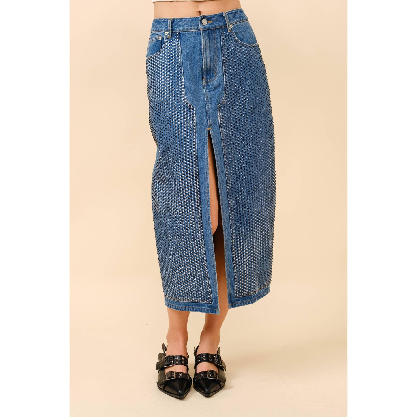 Blue B - 23052S - Embellished Stone Slit Midi Denim Skirt