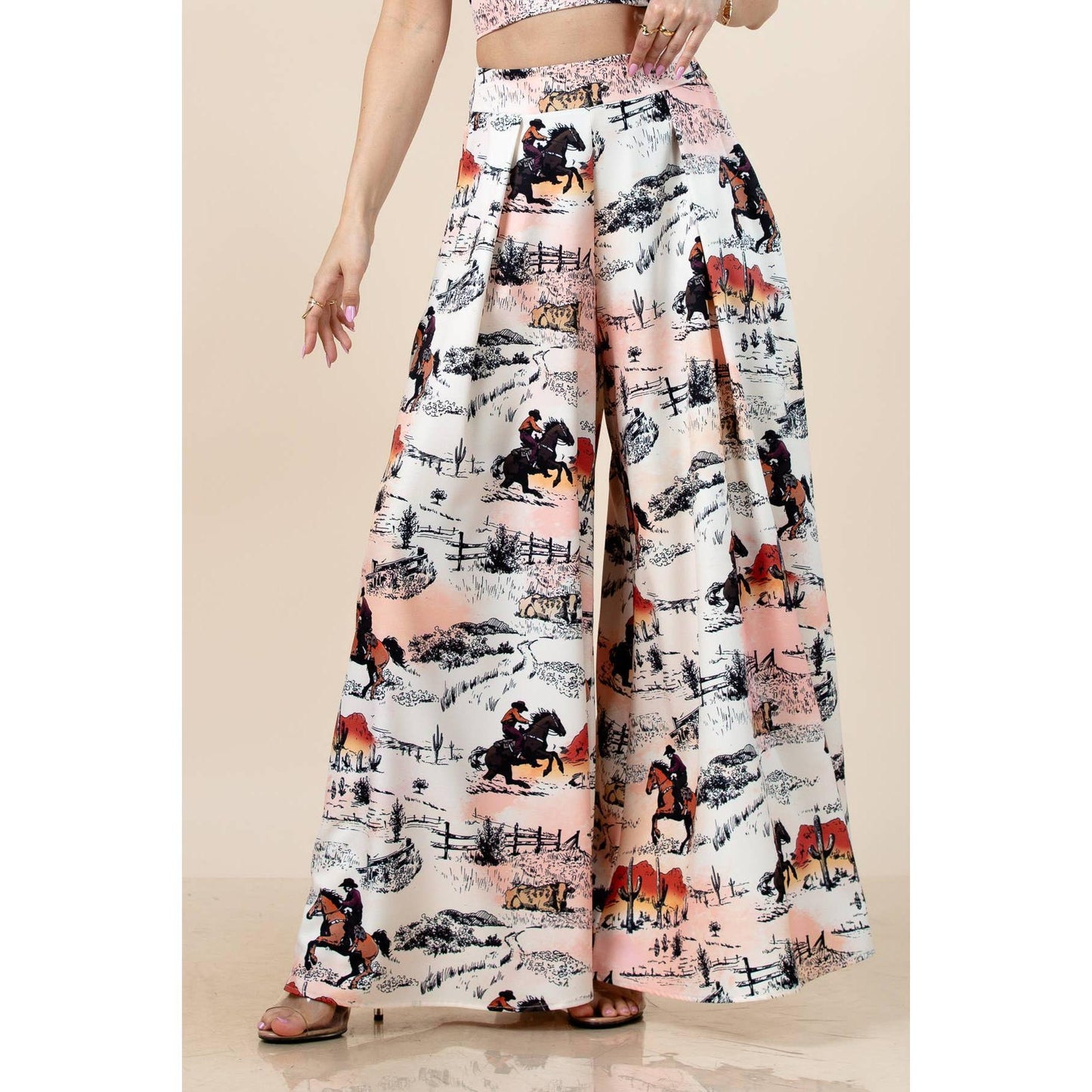 Nylon Apparel - P919-6275-Hilda Vintage Western Horse Print Wide Leg Pants