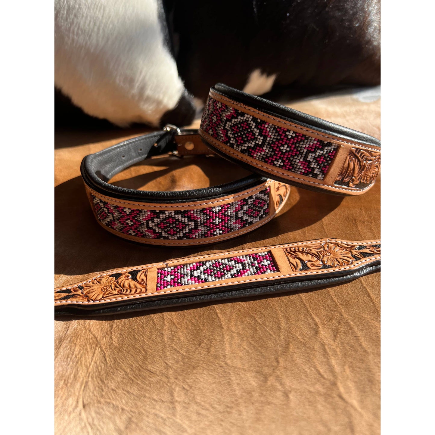 Western Equestrian Tooled Pink Leather Beaded Dog Collar