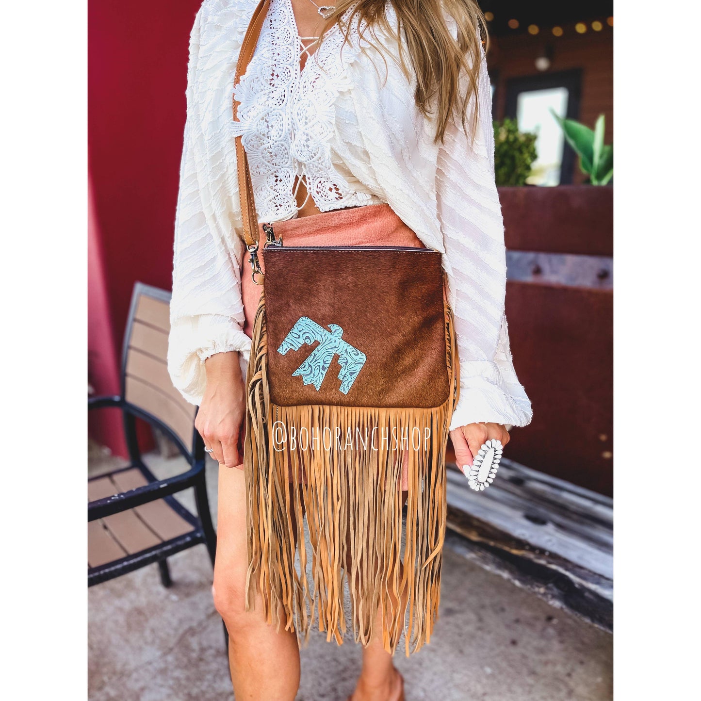 Boho Ranch Shop - THUNDERBIRD COWHIDE CROSSBODY tooled Leather Cowhide Clutch