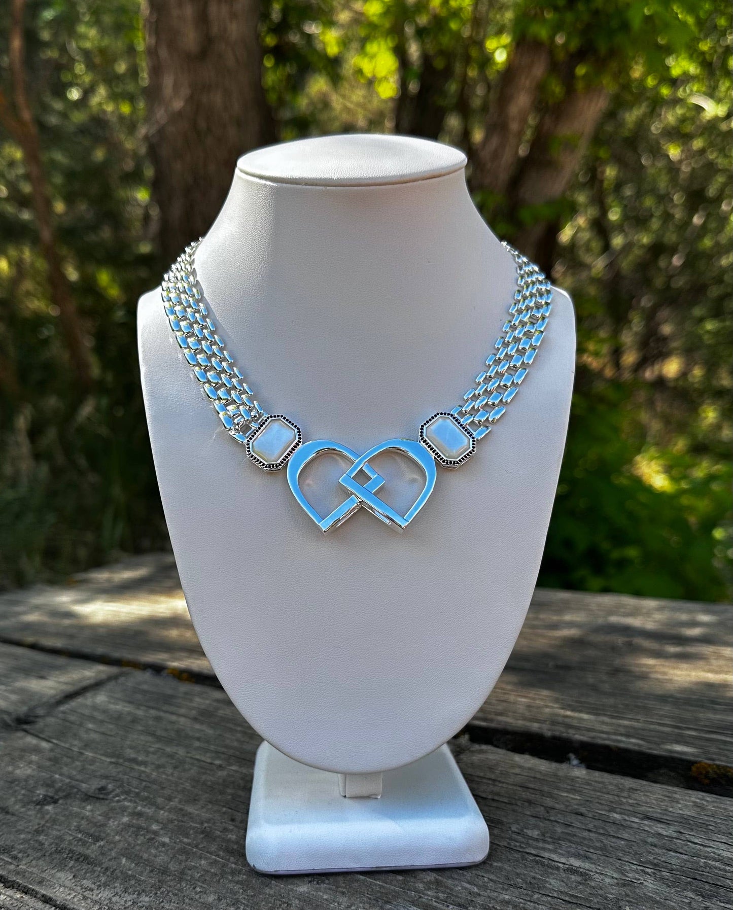 Bold English Saddle Stirrup Necklace Mother of Pearl