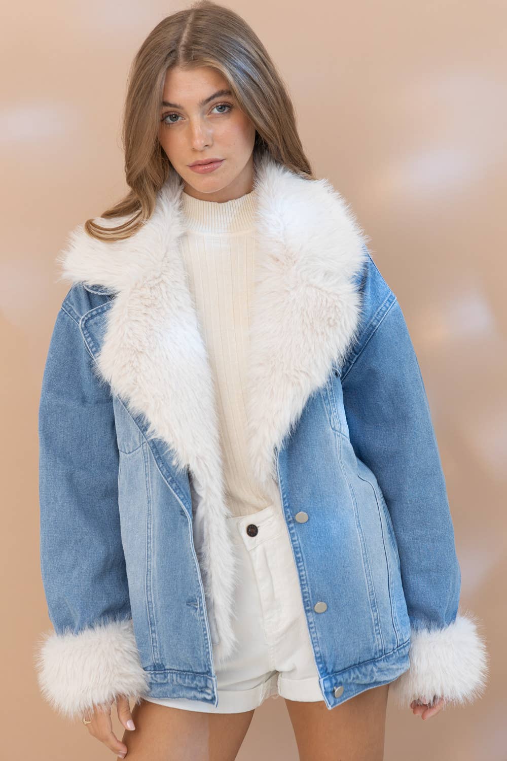 Blue B. Fur Collard Cuff Over sized Washed Denim Jacket 17576J