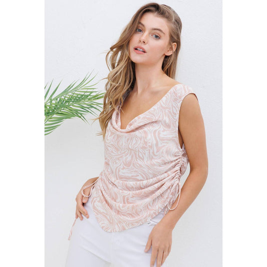31666T - Koshibo Marble Print Cowl Neck Cinched Side Blouse