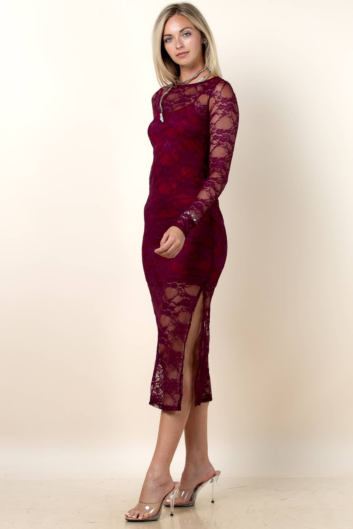 Ladies Dinner Dress, Mirage Floral Lace, Long Sleeves, D1700