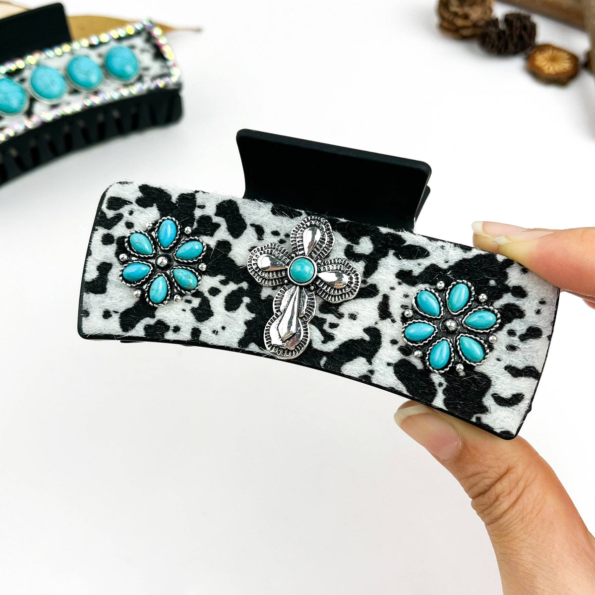 Western Cowboy Turquoise Cow Print Rhinestone Hair Claw Clip