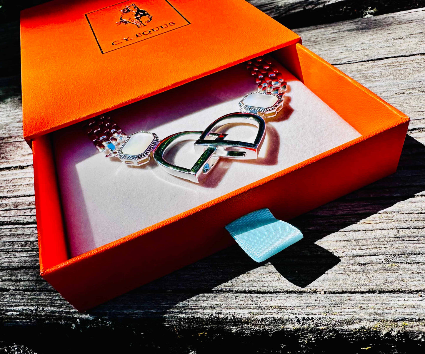 Bold English Saddle Stirrup Necklace Mother of Pearl