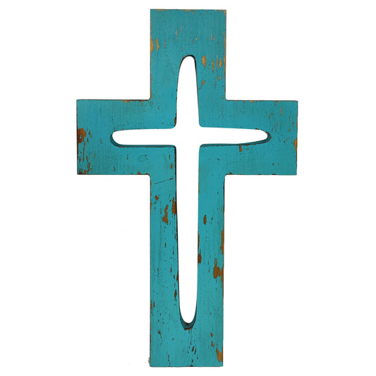 Wooden Distressed Blue Turquoise Cross Hanging Wall Cross