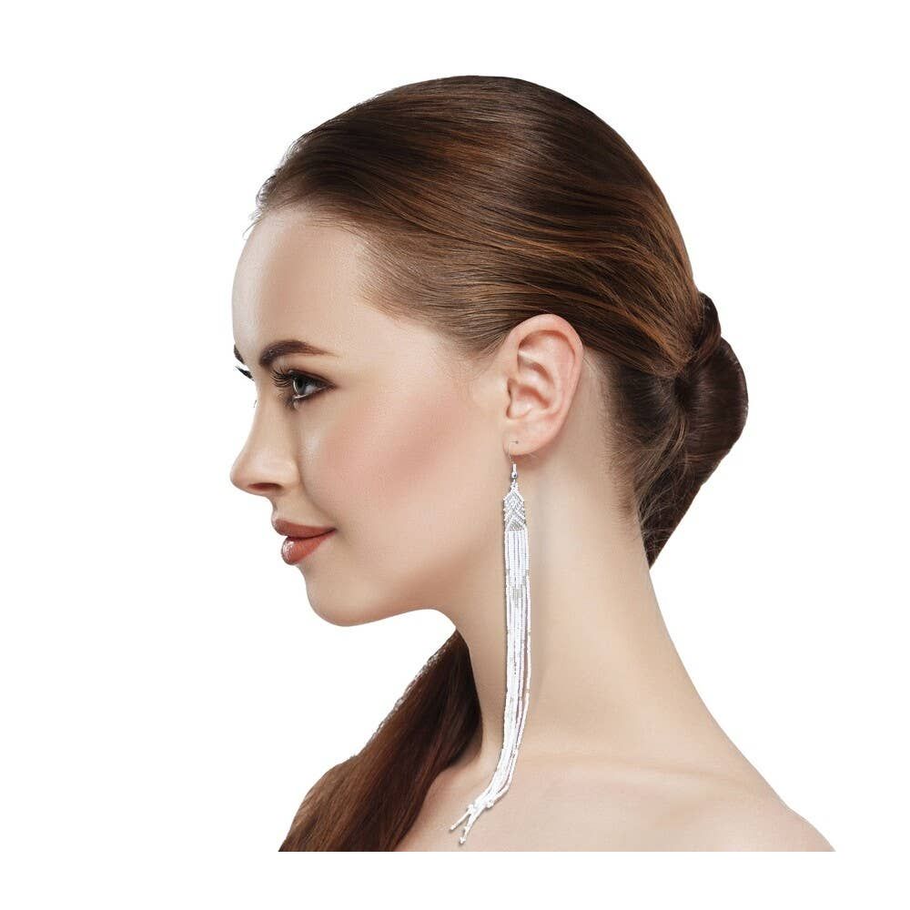 White Silver Glass Seed Beads Extra Long Earrings 8 Inches