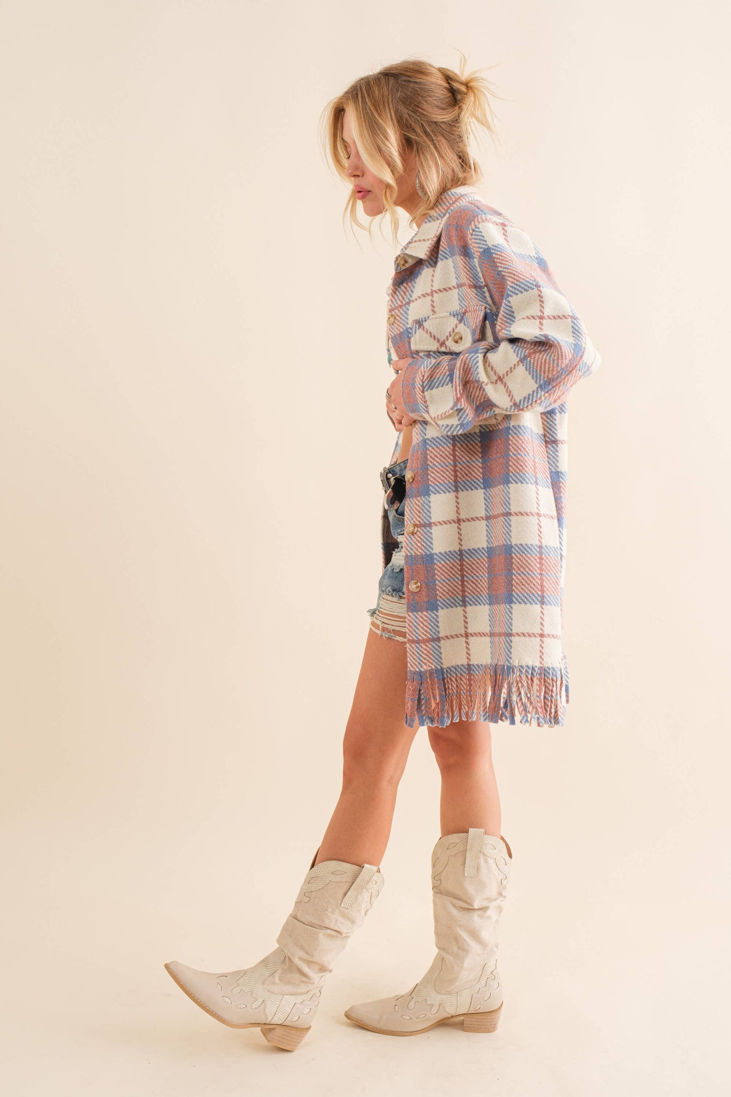 34197J - Yarn Dyed Fringe Bottom Button Up Long Shirt Jacket