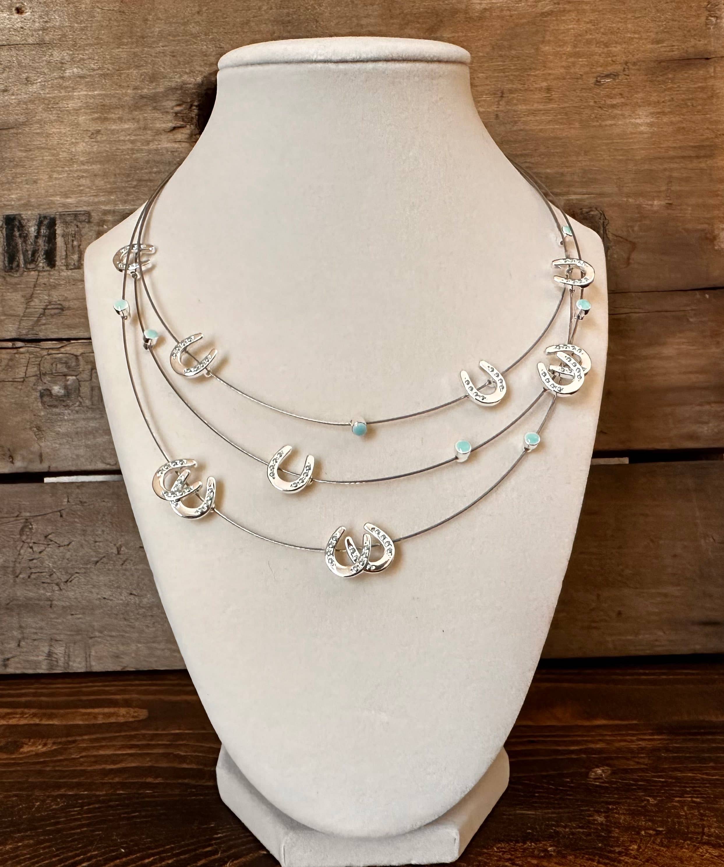 Multi Mini Horseshoes Aqua Bead Necklace