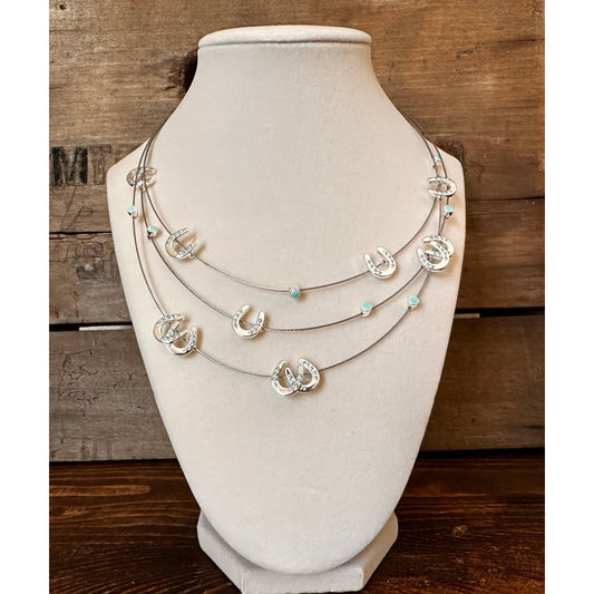Multi Mini Horseshoes Aqua Bead Necklace
