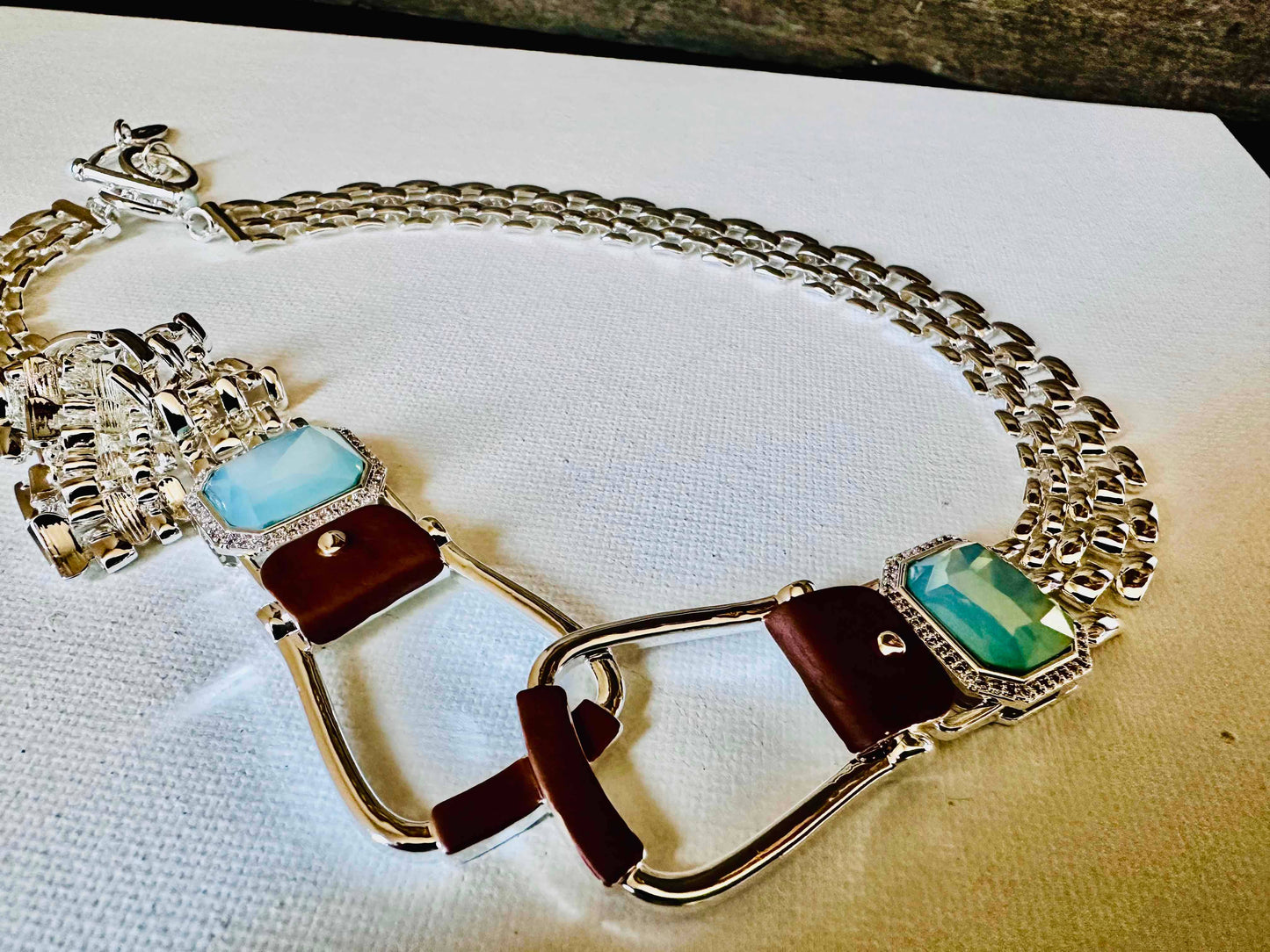 Bold Western Saddle Stirrup Necklace Aqua stone