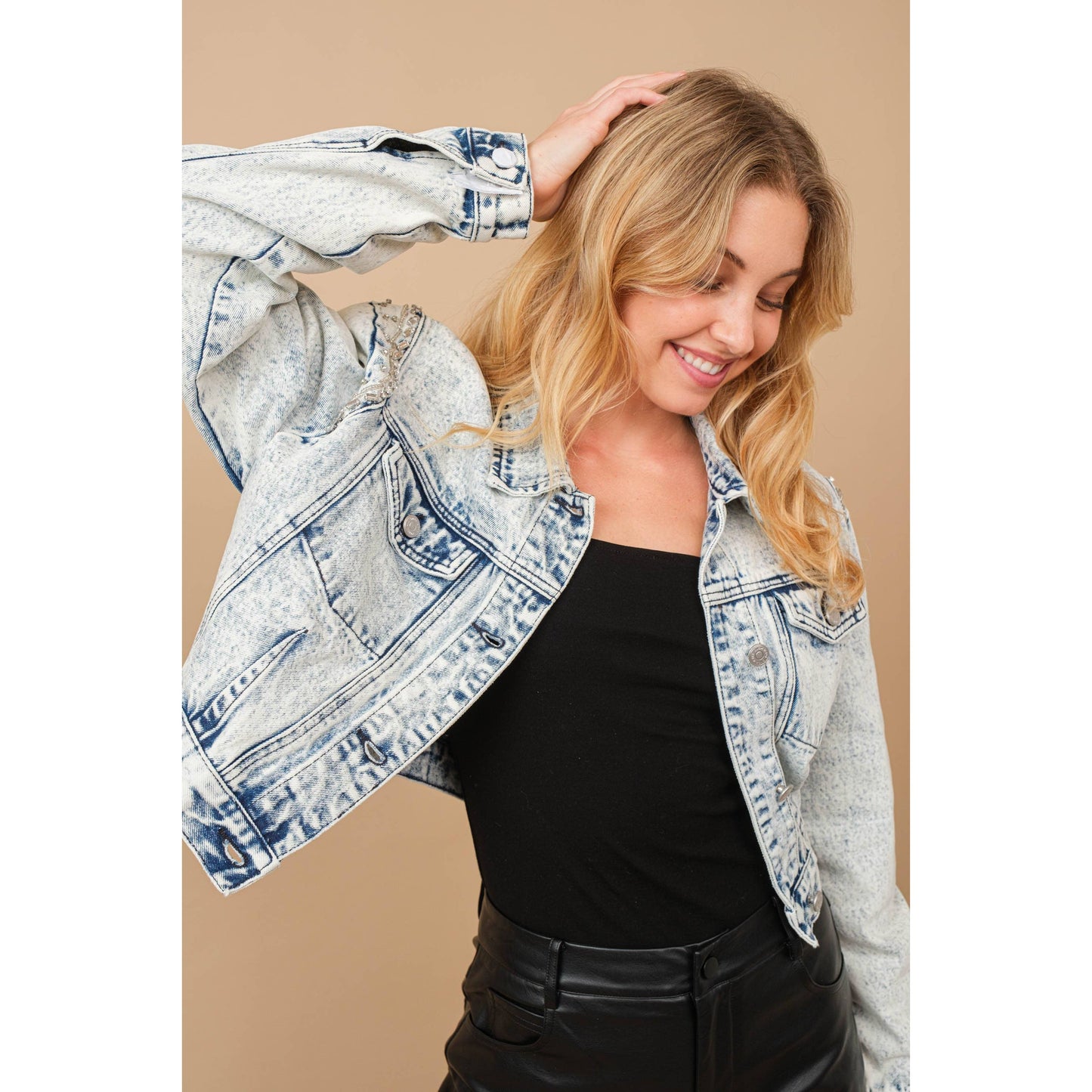 80037J - Acid Washed Shoulder Beading Denim Jacket