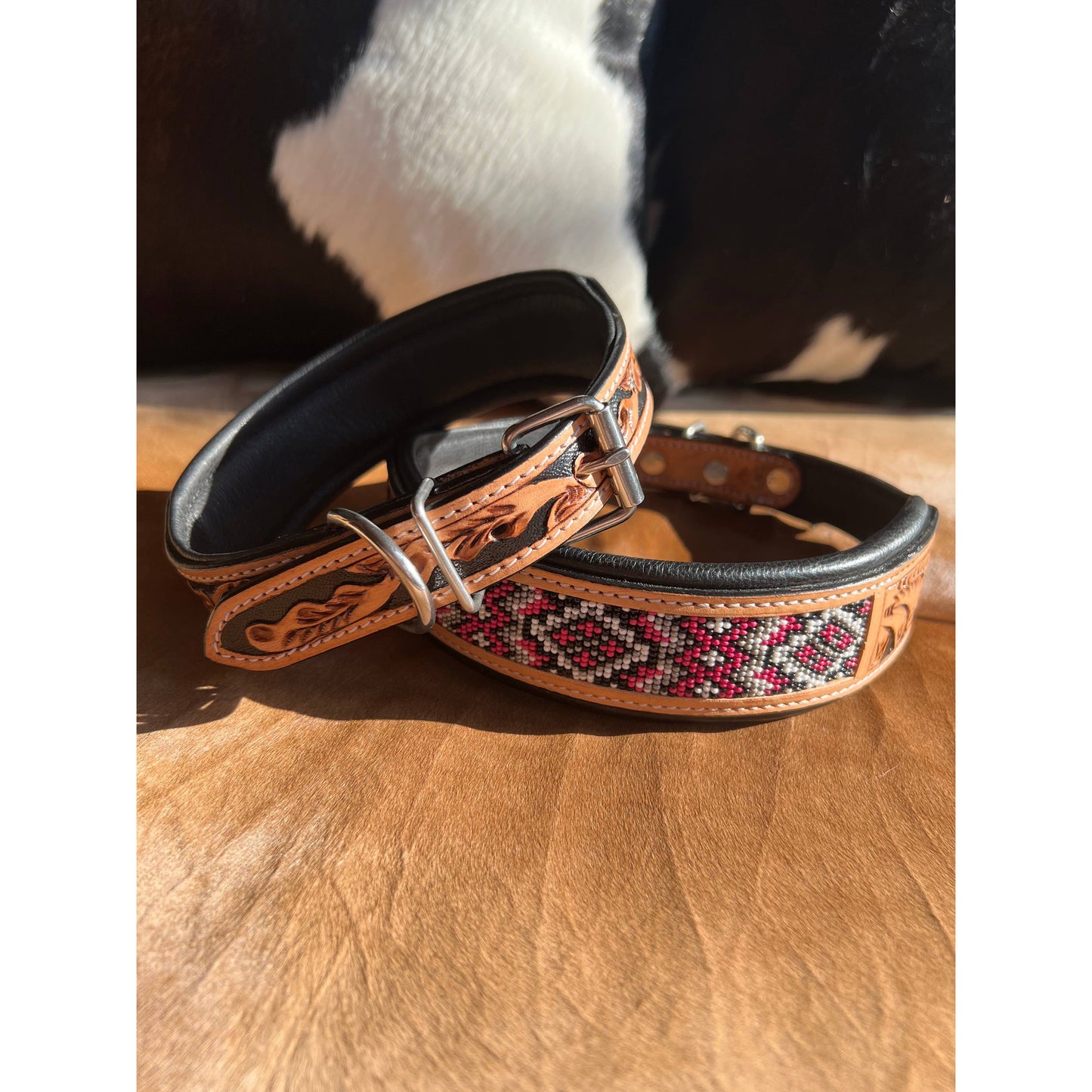 Western Equestrian Tooled Pink Leather Beaded Dog Collar