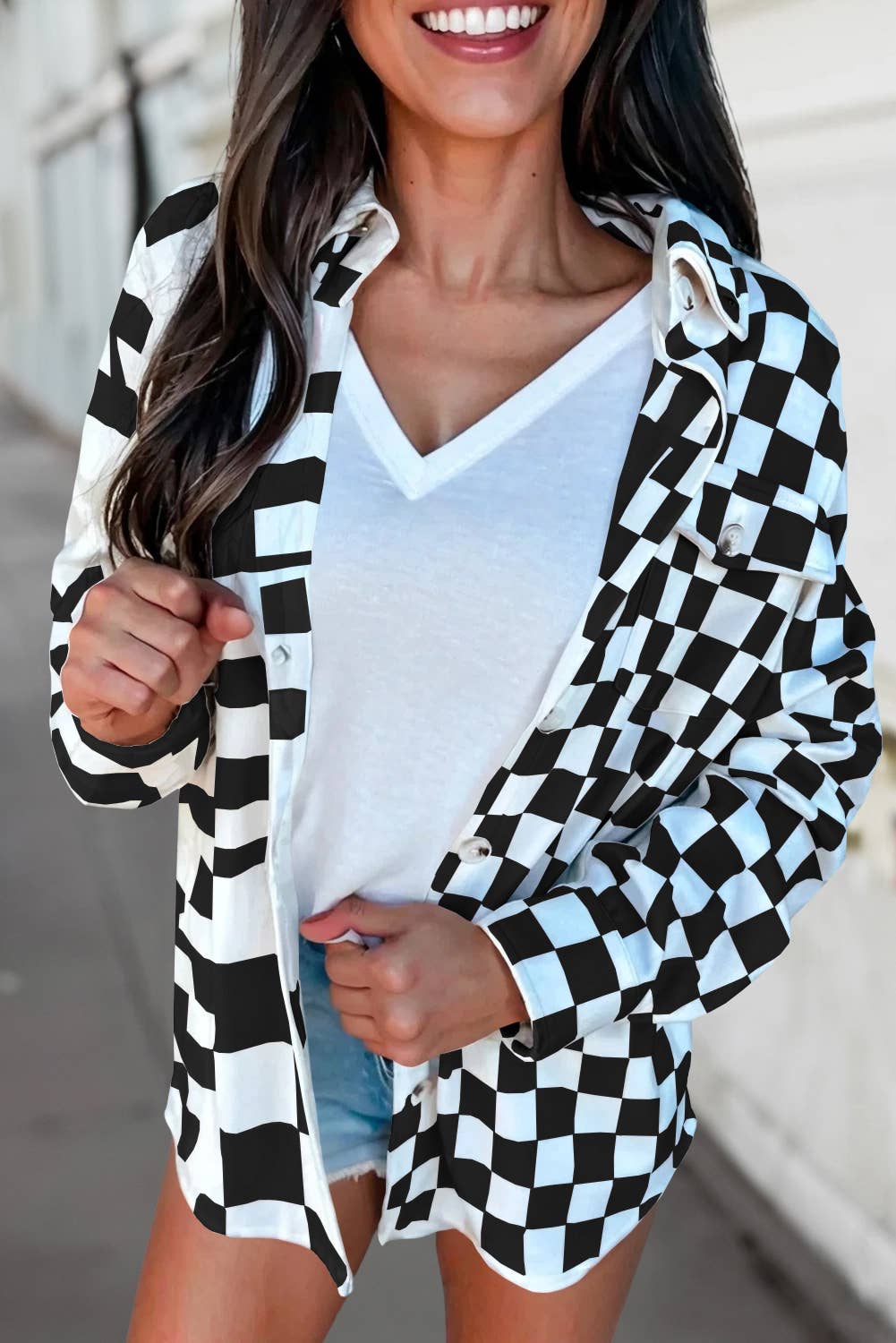 Checkerboard Flap Pocket Button Front Shacket
