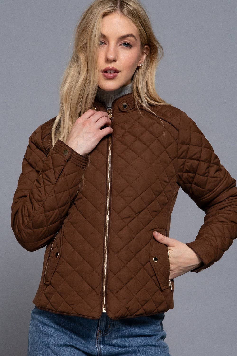 Suede Piping Detail Side Rib Quilted Padding Jacket