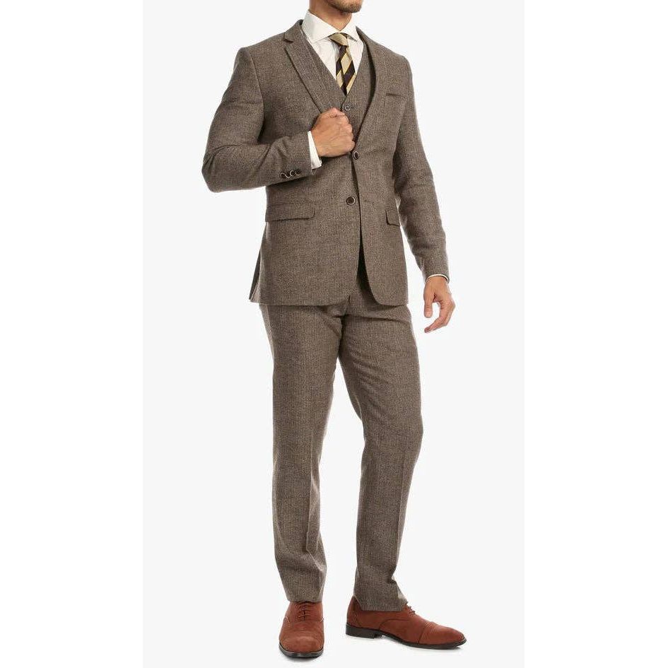 York Brown 3 Piece Herringbone Suit