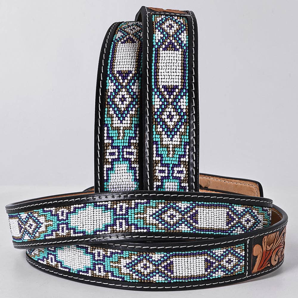 ADBLF270 Icy Turquoise Navajo Beadedx Western Belt with Tooled Leather Buckle