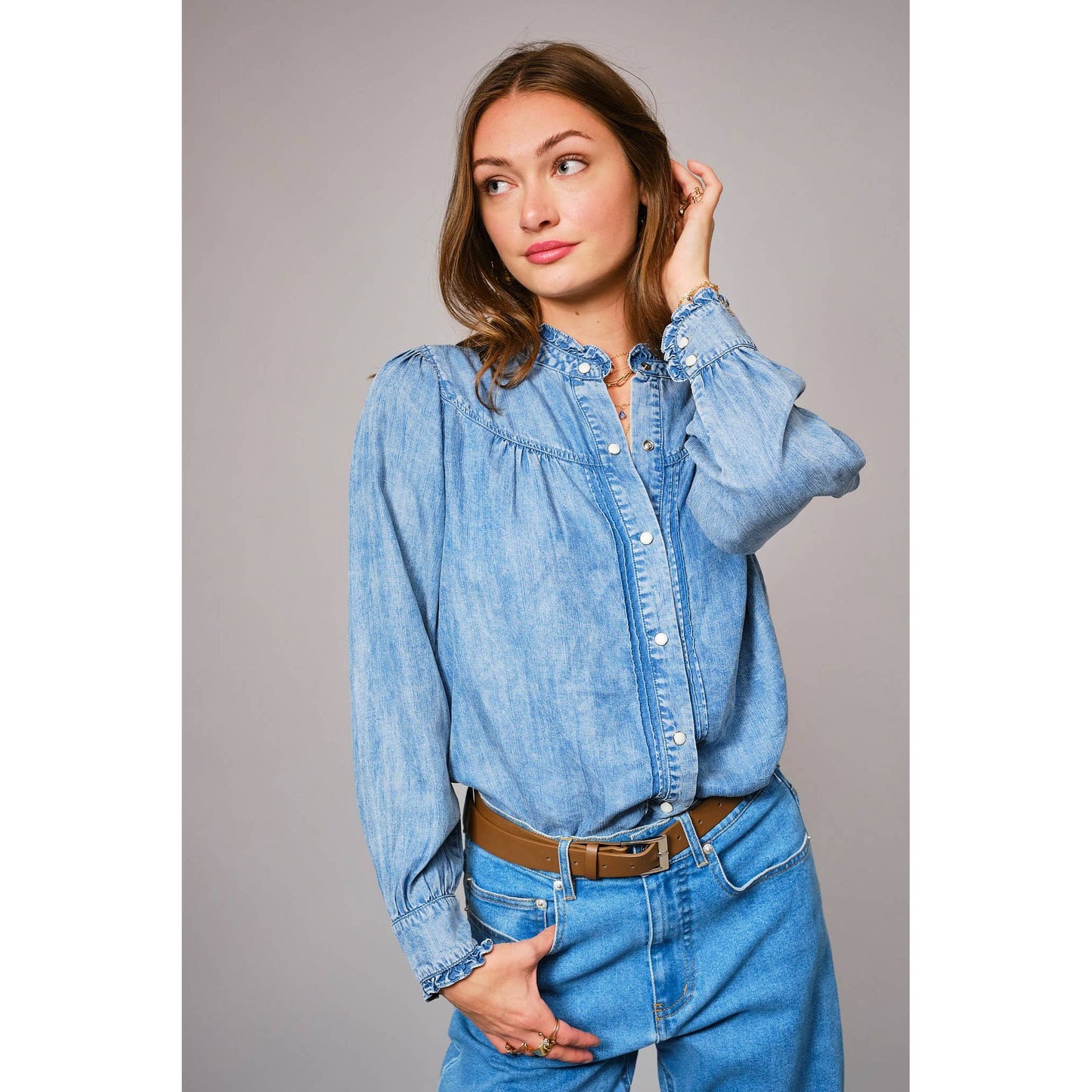Blue B. Ruffle Neck Denim Snap Button Shirt 23709T