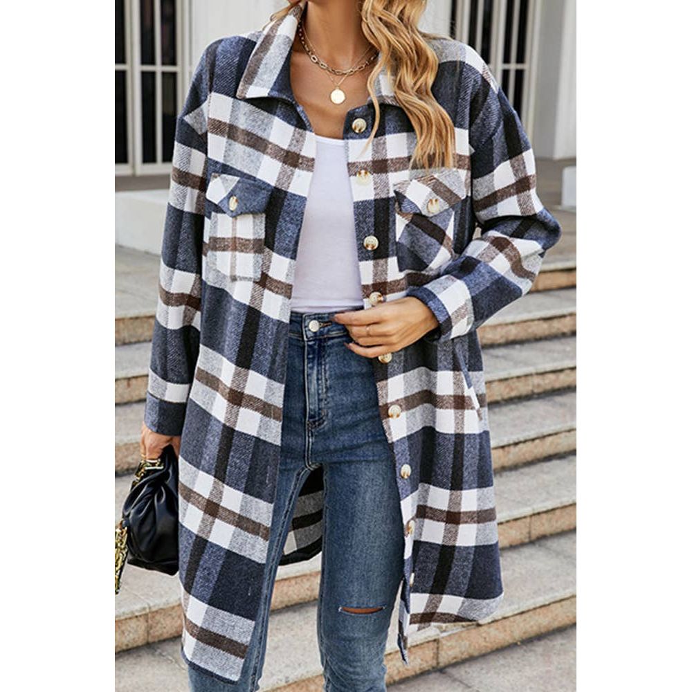 Long Plaid Coat Striped Button Up Side Poacketed Jacket