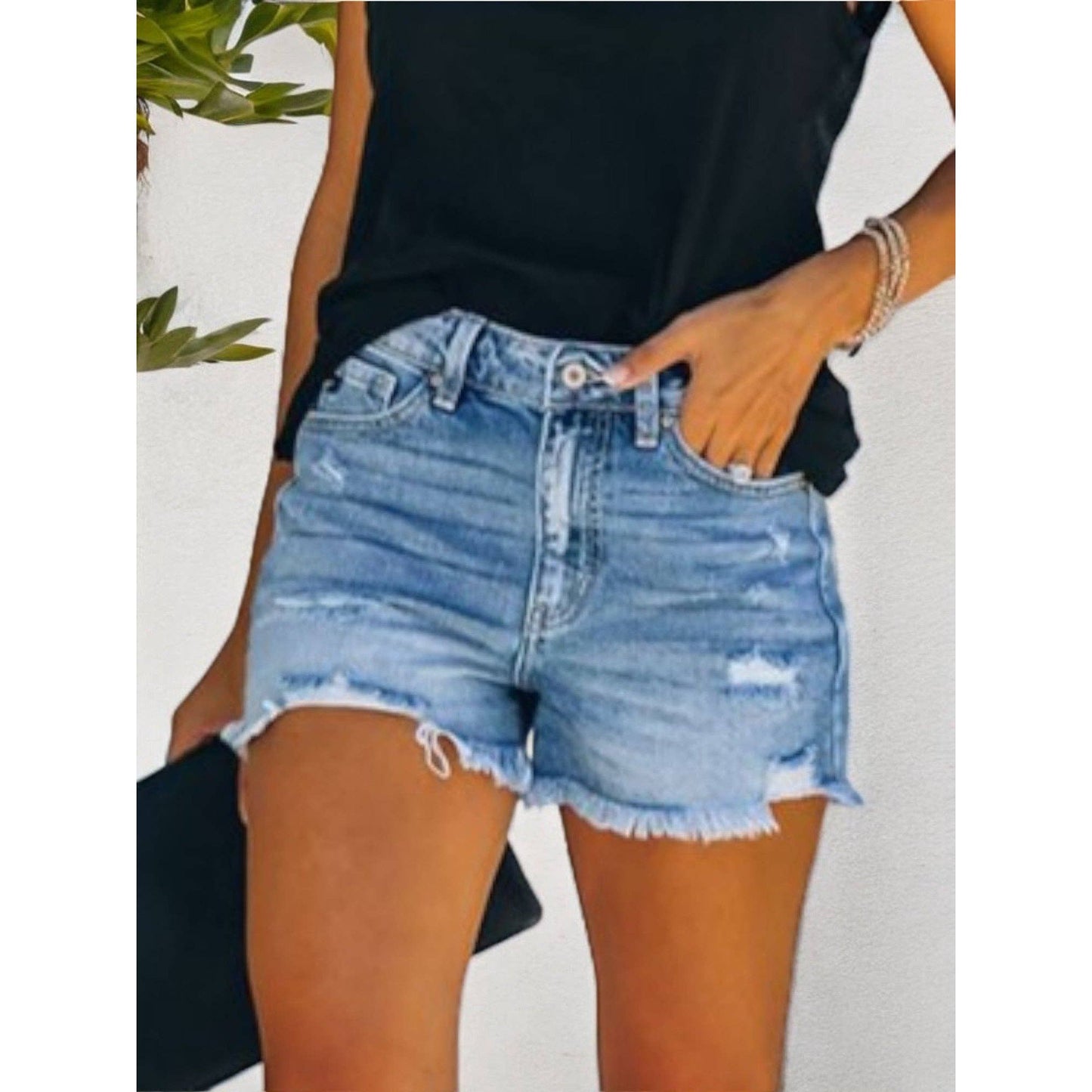 Distressed Denim Shorts with Frayed Hem