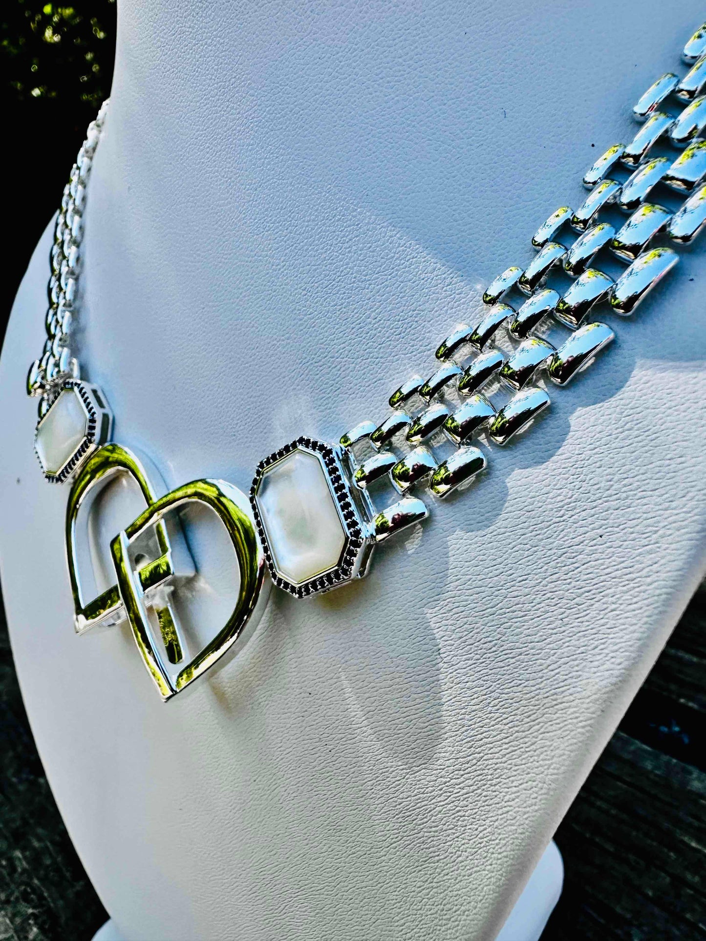 Bold English Saddle Stirrup Necklace Mother of Pearl