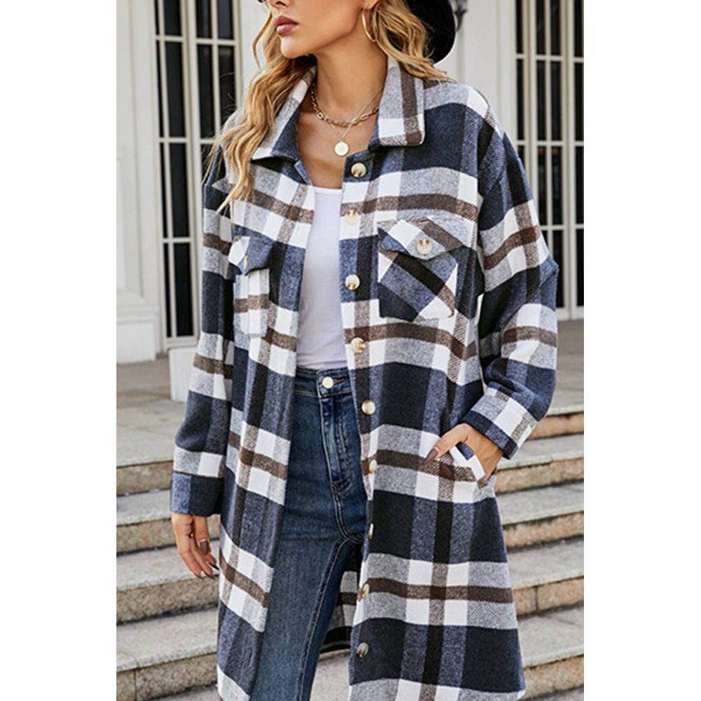 Long Plaid Coat Striped Button Up Side Poacketed Jacket