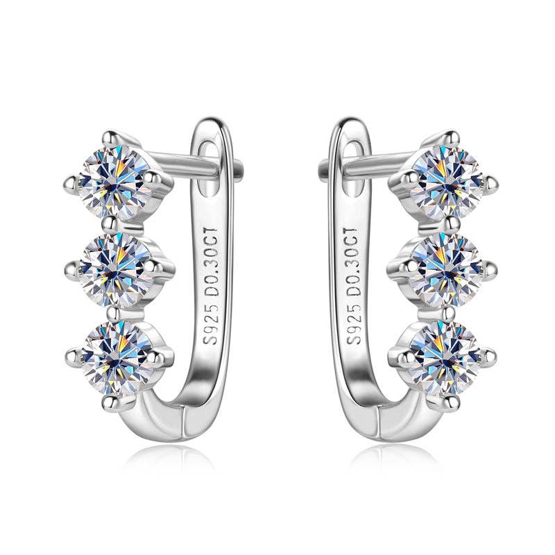 Three Stone Moissanite Hoop Earrings in 925 Sterling Silver