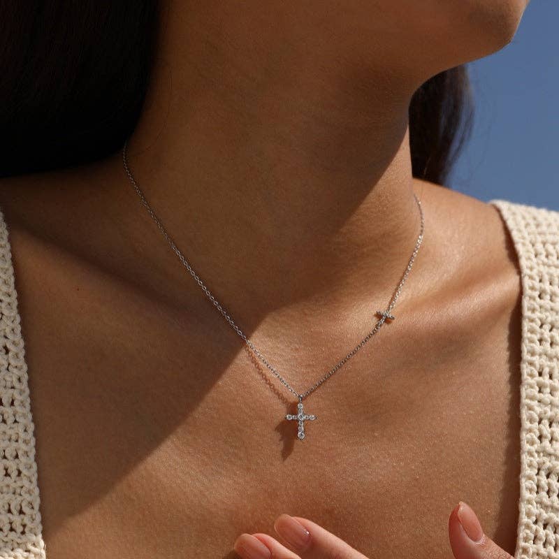 Dual Pavé Moissanite Cross Necklace in 925 Sterling Silver