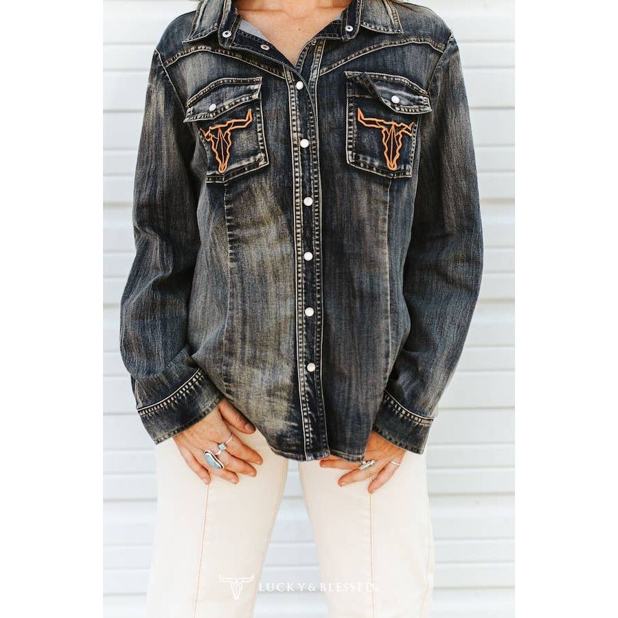 Lucky & Blessed, Vintage Denim Wash Cowskull Embroidered Shirt