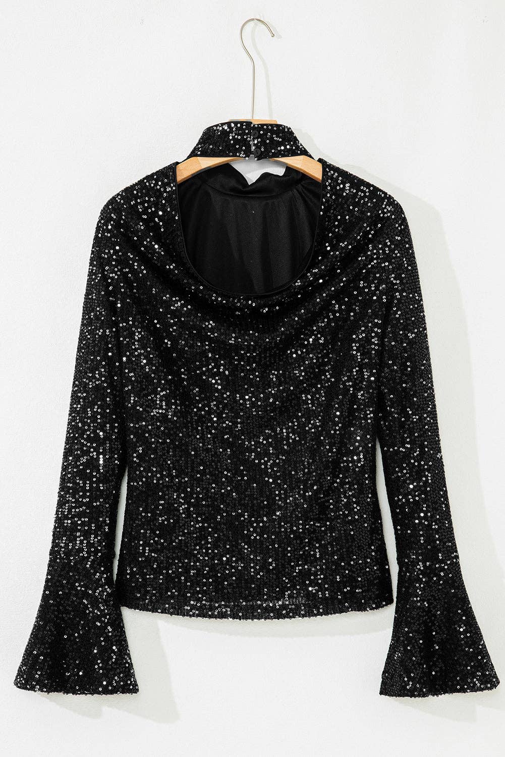 Sequin Mock Neck Drape Open Back Bell Sleeve Top