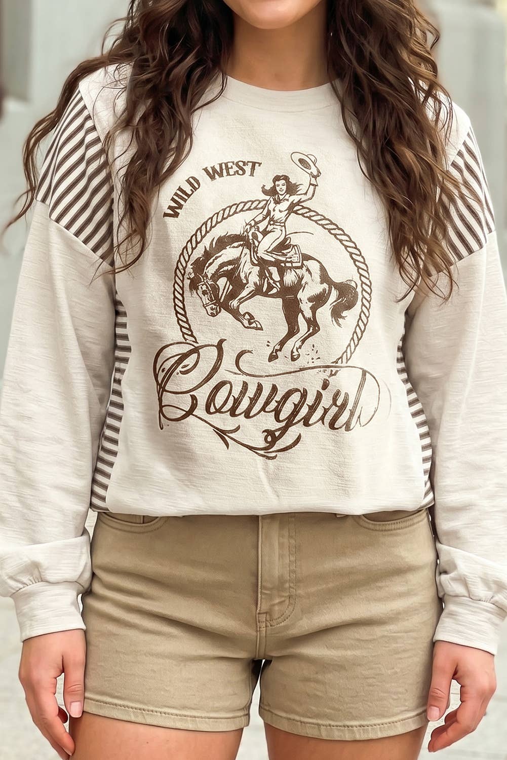 Western Print Patchwork Striped Shift Sweater