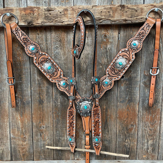 Rodeo Drive - Silver Buck stitch with Turquoise Browband / One Ear / Breast collar TACK SET #BBBC478