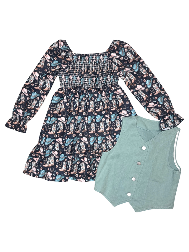 YOUTH Cowgirl Boot LS Dress & Vest Set