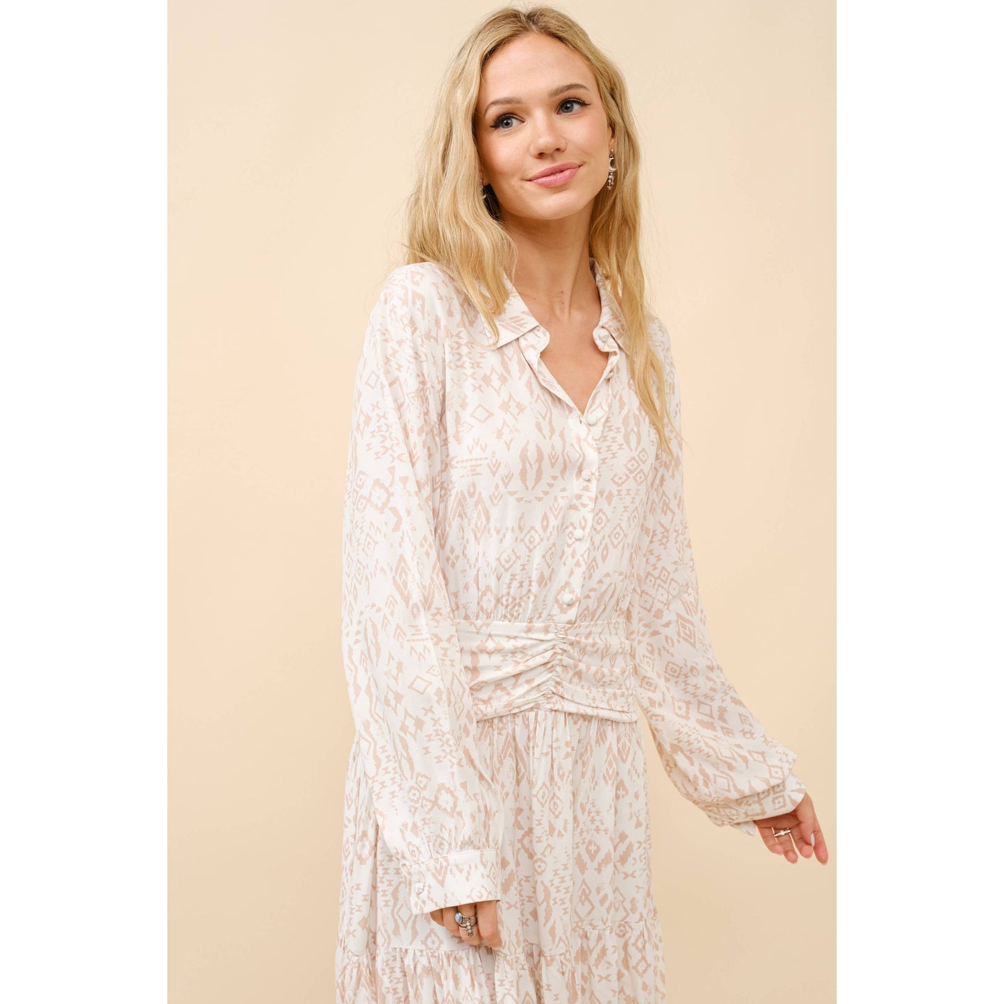 34940D - Ikat Aztec Print Button up Ruched Waist Shirt Dress