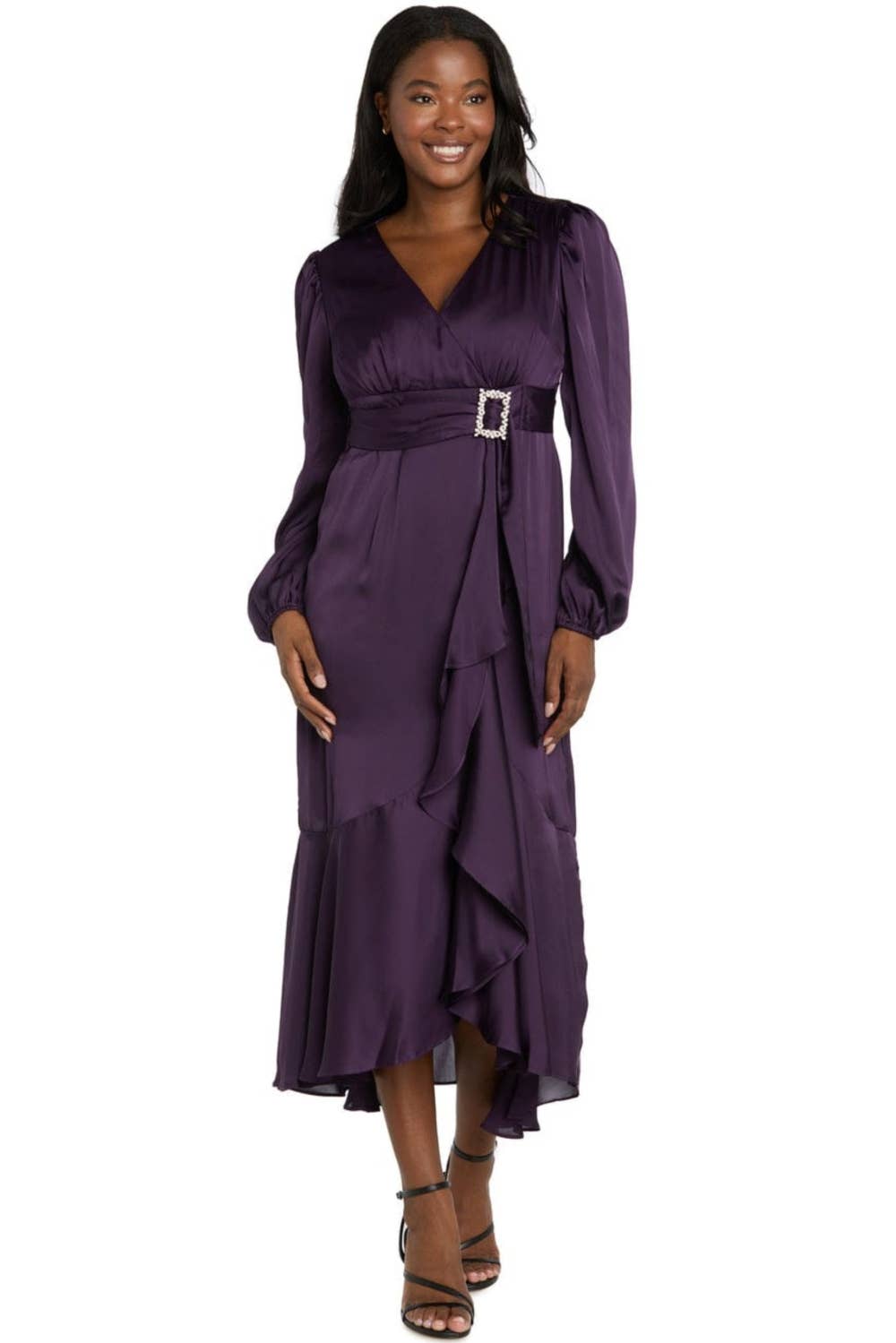 R&M Richards Satin Rhinestone-Buckle Faux-Wrap Party Dress 4274